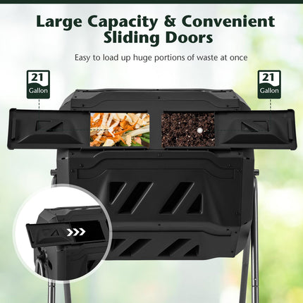 Goplus Compost Bin, 42-Gal Dual Chamber Composting Tumbler w/2 Sliding Doors, Heavy-Duty Metal Frame