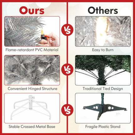 Goplus 5ft / 6ft /7ft  Pre-Lit Christmas Tree with Silver Tinsel Leaves & Upgraded Metal Stand