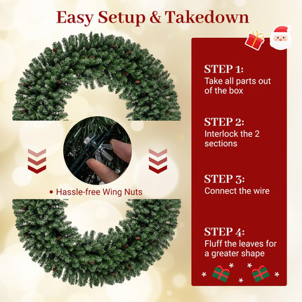 Goplus 60 Inch Large Pre-Lit Christmas Wreath with 24 Pine Cones