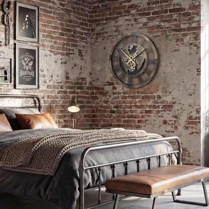 Goplus 27" Gear Clock with World Map Non-Ticking Decorative Metal Clock with Moving Gears