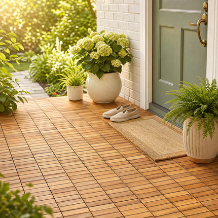 Goplus 27/54-Pack Acacia Wood Interlocking Deck Tiles (Grid) | Tool-Free Assembly
