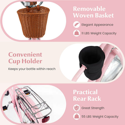 Goplus 24/26 Inch Beach Cruiser Bike w/Basket & Cup Holder for Teens Adults Ladies