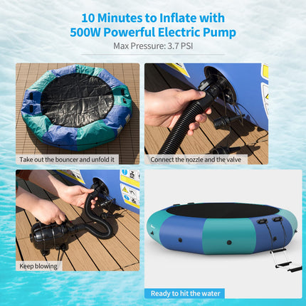 Inflatable Water Trampoline, 10FT/12FT/15FT Recreational Water Bouncer w/ Electric Inflator, Rope Ladder - GoplusUS