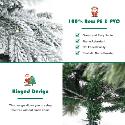 Goplus 4.5ft / 6ft / 7ft Pre-lit Snow Flocked Christmas Tree, Premium Hinged Artificial Pine Tree w/ 120 LED Lights & 757 PE & PVC Branch Tips - GoplusUS