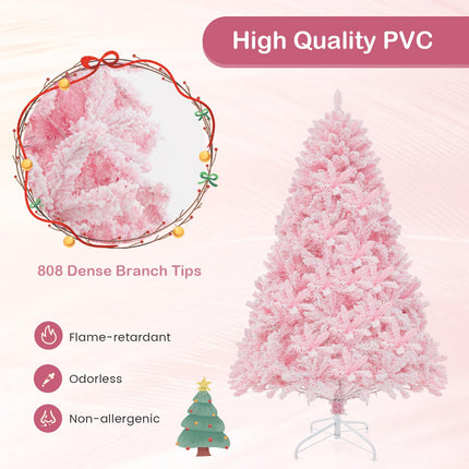 Goplus 6FT Pink Pre-lit Christmas Tree, Hinged Snow Flocked Artificial Xmas Tree, Seasonal Holiday Decoration for Office Home