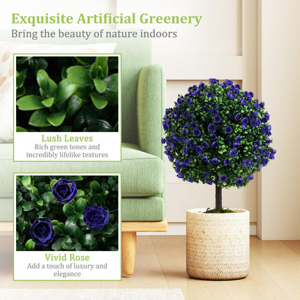 Goplus 22inch Artificial Purple Rose Topiary Ball Tree Fake Evergreen Boxwood Topiary