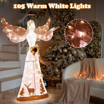 Goplus 5FT Lighted Christmas Angel Decoration, Pre-lit 3D Glittered Angel with 100 Warm White Lights