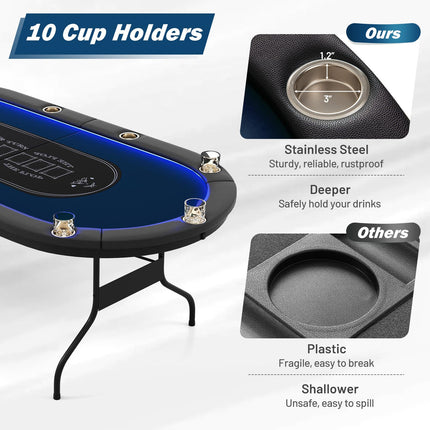 Goplus 84" Foldable Poker Table with LED Lights 10 Players Card Board Game Table