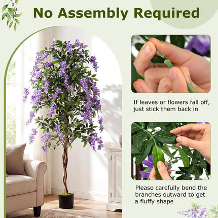 Goplus 6FT Ficus Artificial Tree Faux Wisteria Tree in Nursery Pot with Purple Lifelike Flowers