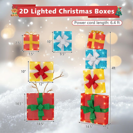 Goplus 4 Ft Lighted Gift Boxes Stackable, Pre-lit Xmas Boxes Decoration w/LED Lights