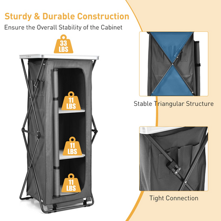 Goplus Folding Camping Storage Cabinet, Pop Up Outdoor Camping Kitchen Station with Large 3-Tier Storage Organizer - GoplusUS