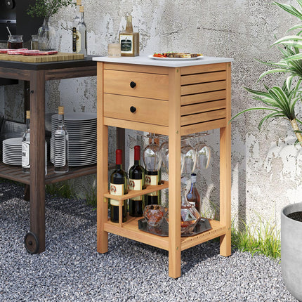 Goplus Acacia Wood Bar Table with 2 Drawers Glass & Wine Holders