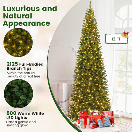 Goplus 12ft Pre-Lit Artificial Christmas Tree with 360° Quick Power Connector & LED Lights