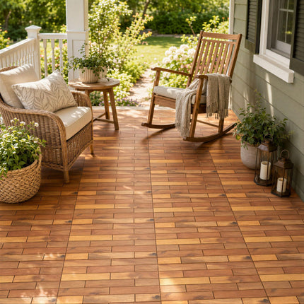 Goplus 12/24-Pack Acacia Wood Interlocking Deck Tiles (Brick) | Floor Tiles for Patio
