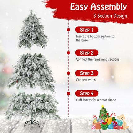 Goplus 7ft Pre-Lit Snow Flocked Christmas Tree, Artificial Hinged Full Xmas Tree with 743 PVC & Pine Needles