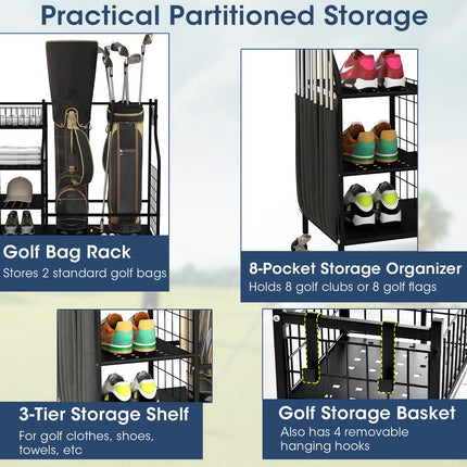 Goplus Golf Bags Storage Garage Organizer, Golf Bag Rack with Lockable Universal Wheels for Golf Clubs