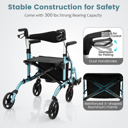 Goplus 2 in 1 Folding Rollator Walker, 4 Wheel Medical Walker with Seat