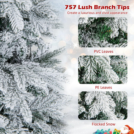 Goplus Pre-Lit Snow Flocked Christmas Tree, Artificial Hinged Xmas Tree with Branch Tips, PE & PVC Mixed Leaves
