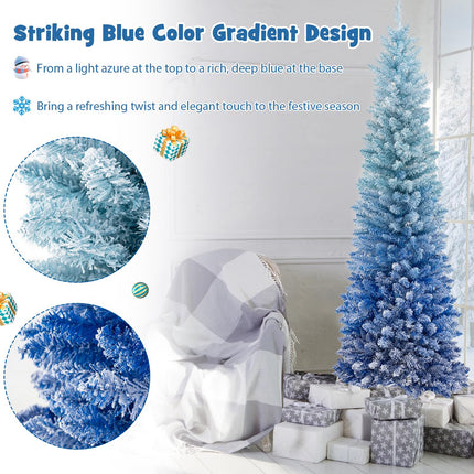 Goplus 6 FT Blue Gradient Snow Flocked Christmas Tree, Artificial Unlit Hinged Xmas Full Tree with 435 Lush Branch Tips
