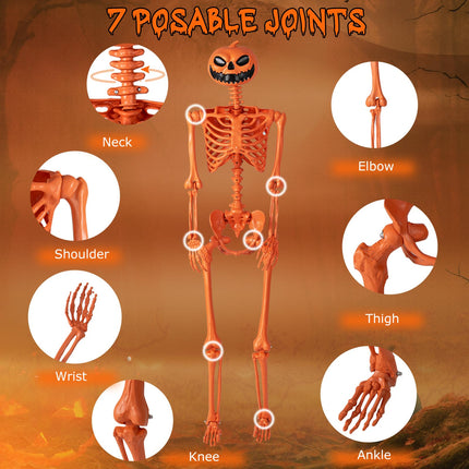 Goplus 5.2 Ft Life-Size Posable Skeleton with Pumpkin Head Halloween Orange Skeleton Decoration