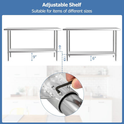 Goplus Stainless Steel Table with Wheels, 60” x 24” Rolling Kitchen Prep Table Work Table with Height Adjustable Under Shelf