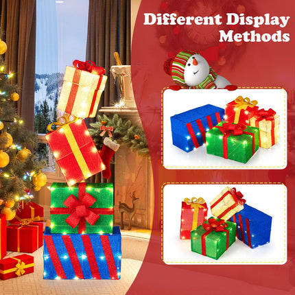 Goplus Christmas Lighted Gift Boxes Set of 4, Light Up Present Boxes with Colorful Bows