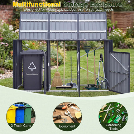 Goplus 7.8 x 2.6 FT Outdoor Trash Can Storage 3-Bin Metal Garbage Shed