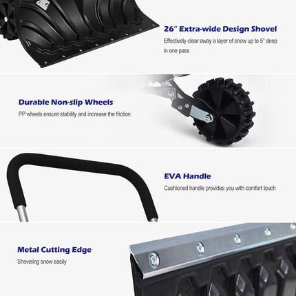 Goplus Rolling Snow Pusher Shovel, Handle Adjustable Snow Removal Tool, Manual Push Plow with 6-inch Wheels for Walkways - GoplusUS