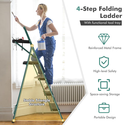 Goplus Folding Step Ladder, 4-Step Ladder w/Tool Tray, Non-Slip Footpads & Pedals