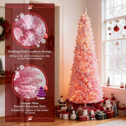 Goplus 6ft / 7ft Pink Slim Pencil Pre-lit Snow Flocked Christmas Tree