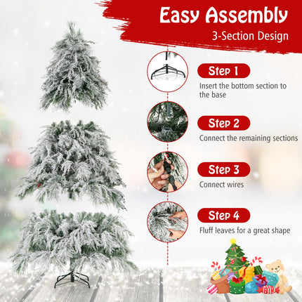 Goplus 6ft Pre-Lit Snow Flocked Christmas Tree, Artificial Hinged Full Xmas Tree with 519 PVC & Pine Needles