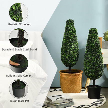 Goplus 3ft Artificial Boxwood Tower Topiary Trees, 2 Pack Faux Decorative Plants in Cement-Filled Plastic Pot - GoplusUS