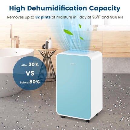 32 Pints/Day Portable Quiet Dehumidifier for Rooms up to 2500 Sq. Ft w/ Sleep Mode, 24H Timer