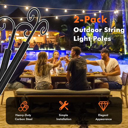 Goplus String Light Pole for Outside, 2 Pack 8ft / 10 ft Outdoor Metal Poles with Hooks for Hanging String Lights - GoplusUS