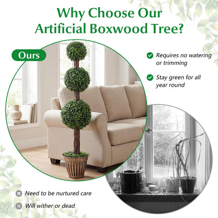 Goplus 4 FT Artificial Triple Ball Boxwood Tree w/Cement-Filled Retro Planter & Real Vines (1/2 Pack)