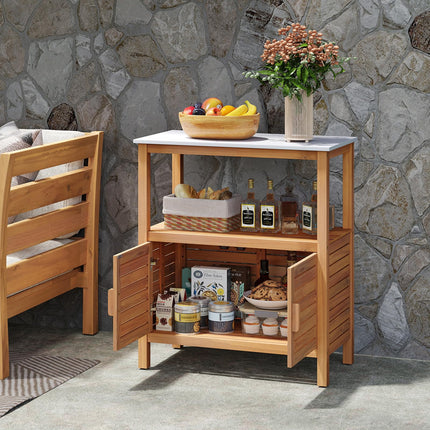 Goplus Patio Acacia Wood Storage Cabinet with Marble-Like Countertop (31.5” x 16” x 35.5”)