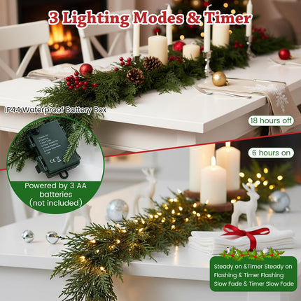 Goplus 9ft Pre-Lit Christmas Cedar Garland, Real Touch Lighted Battery Operated Artificial Cypress Garland