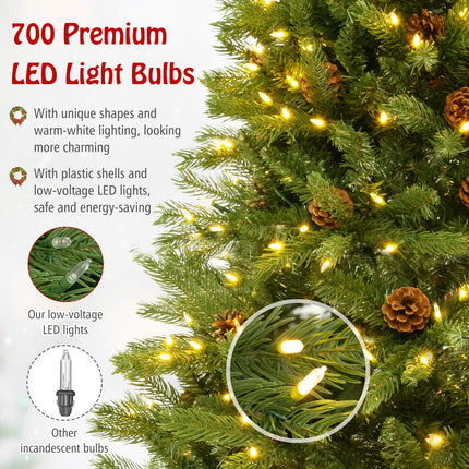 Goplus 3-Minute-Setup Pre-Lit Artificial Christmas Tree, 7ft Hinged Xmas Tree with 360 Quick Power Connector