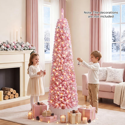 Goplus 6 FT/7 FT Pink Flocked Pre-Lit Pencil Christmas Tree | Slim Decoration Tree for Home Office
