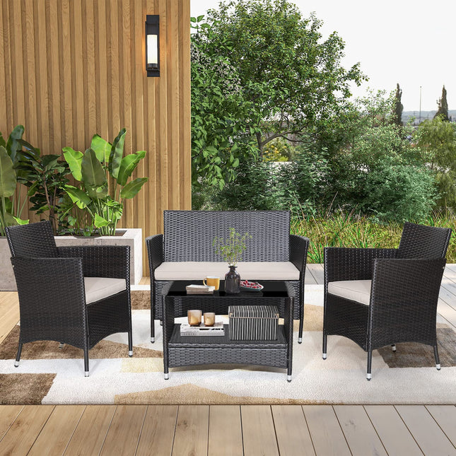 Goplus 4PCS Patio Rattan Furniture Set Armrest Cushion Sofa Coffee Table W/Shelf Garden