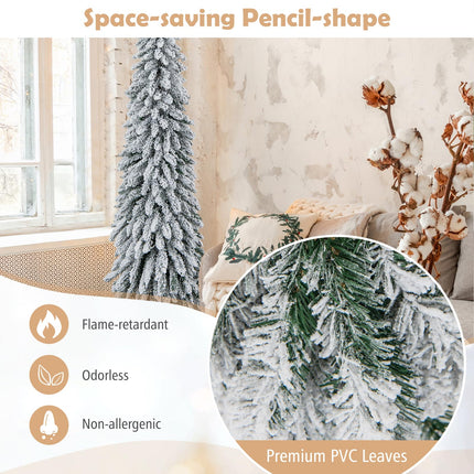 Goplus 6ft Pre-Lit Flocked Christmas Tree, Artificial Slim Pencil Xmas Tree with 250 LED Lights