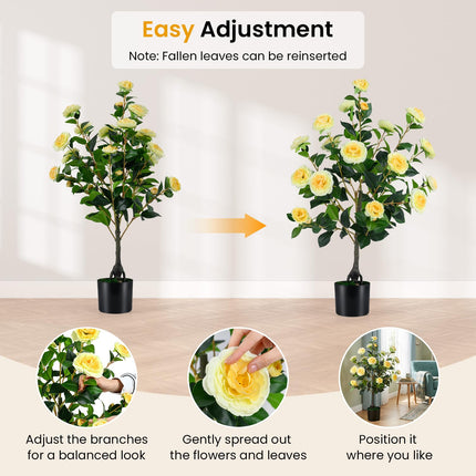 Goplus 35.5" Artificial Camellia Tree Faux Floral Plant Blooming Tree in Cement Pot (1/2 Pack)