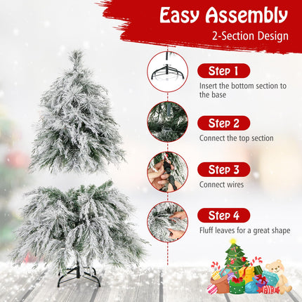 Goplus 4.5ft Pre-Lit Snow Flocked Christmas Tree, Artificial Hinged Full Xmas Tree with 279 PVC & Pine Needles