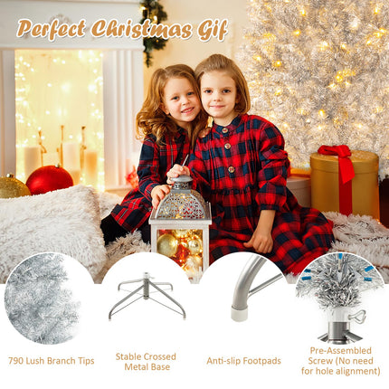 Goplus 6ft Pre-lit Silver Pencil Christmas Tree, Artificial Tinsel Electroplated Tree, Decor for Home