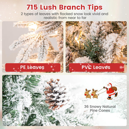 6ft Pre-Lit Snow Flocked Christmas Tree Artificial Hinged Xmas Tree with 210 Warm-White Incandescent Lights