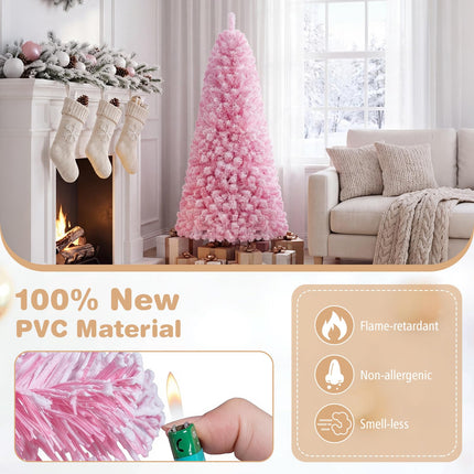 Goplus 5ft/6ft/7ft Pink Pre-Lit Flocked Christmas Trees | Holiday Decoration Tree for Home Office Party