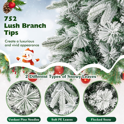 Goplus 6ft Pre-Lit Snow Flocked Artificial Christmas Tree, Pine Needles, for Holiday Party Office Home Decor