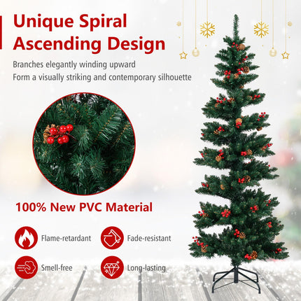 Goplus 6FT / 7FT Pre-Lit Spiral Christmas Tree with Pine Cones & Red Berries