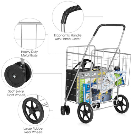 Goplus Jumbo Folding Shopping Cart with Rolling Swivel Wheels