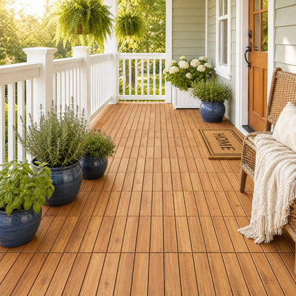 Goplus 27/54-Pack Acacia Wood Interlocking Deck Tiles (Straight) | Tool-Free Assembly